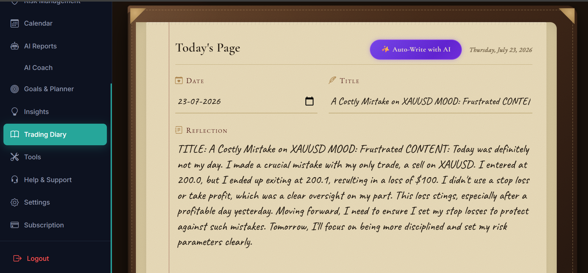 Trade calendar screenshot