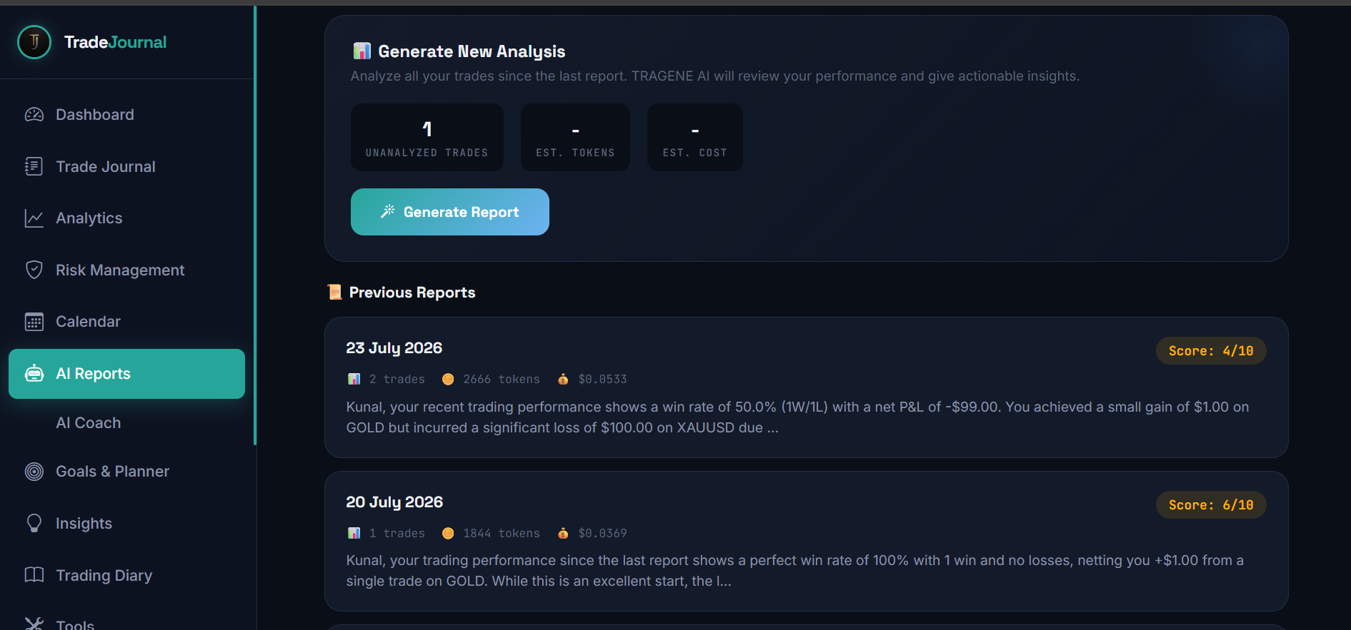 Performance dashboard screenshot
